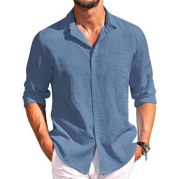 Men's Casual Long Sleeve Button Down Shirts Linen Dress Shirt Beach - Picture 6 of 6